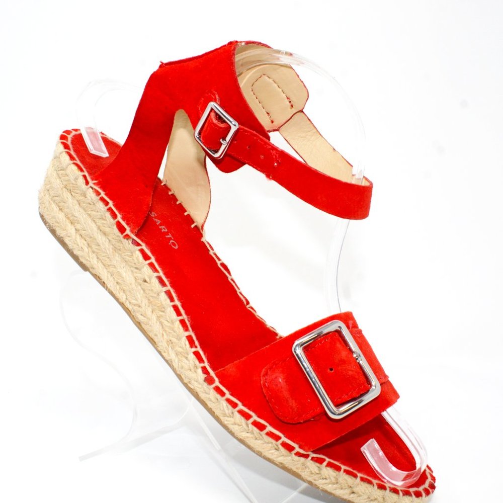 Franco Sarto Lexie Wedge Size 9.5M Orange Suede Jute Espredille Sandal Buckle.